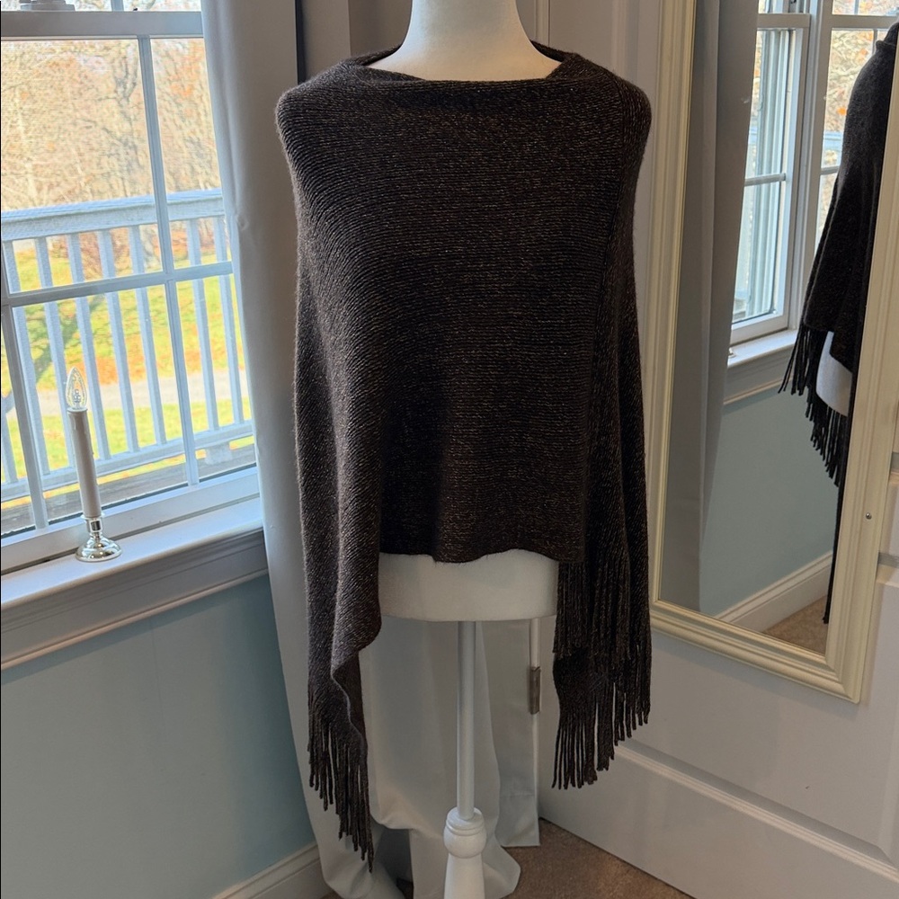 Brown Knit Poncho with metallic gold weave with Fringe